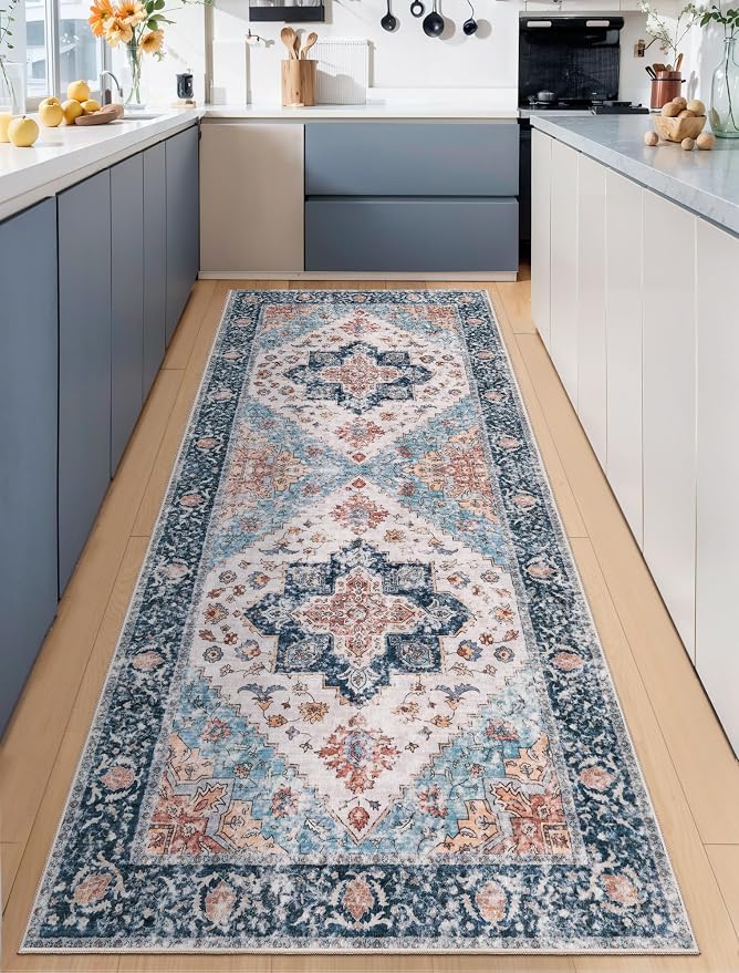 SERISSA Boho Washable Runner Rug, 2x6 Rug Non-Slip Vintage Blue Orange Hallway by SERISSAHomeDecorCollection