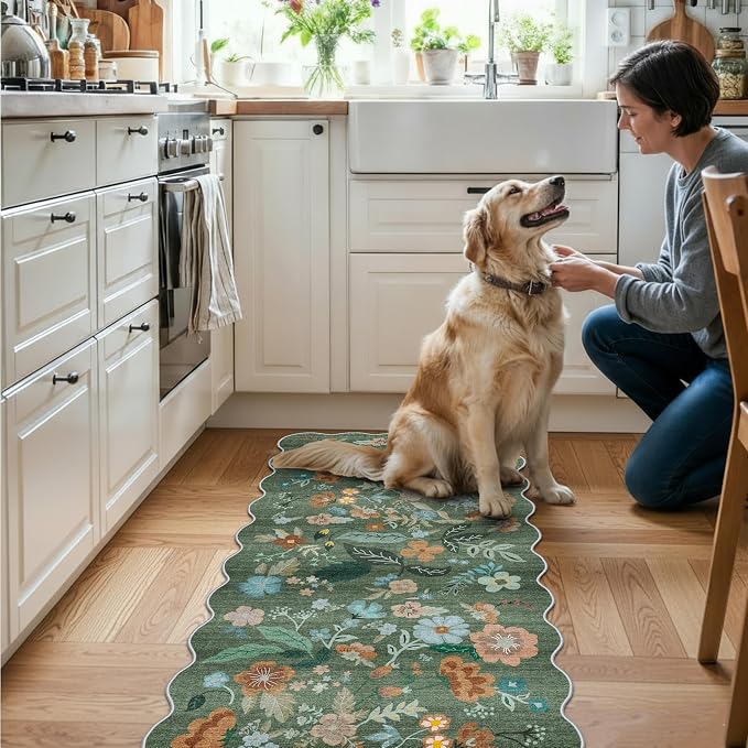 2x5 Washable Kitchen Area Rug: Floral Scalloped Entryway Runner Farmhouse - Image 6