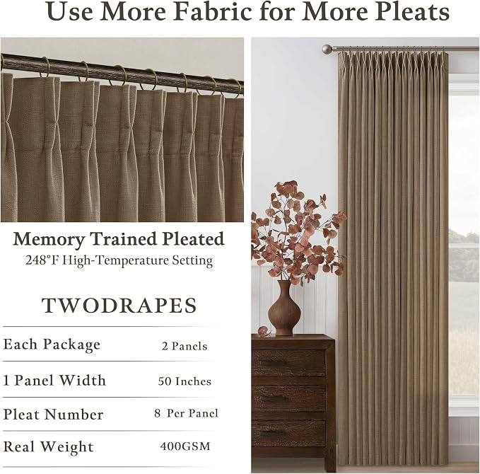 100 Inch Linen Pleated Dutch Cocoa Light Filtering Sheer Curtains | Pinch Pleat - Image 3