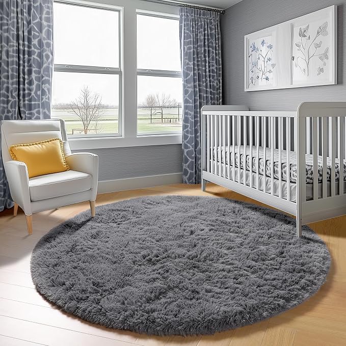 ONASAR Grey Round Area Rugs 5ft, Fluffy Plush Shaggy Carpet - Image 7