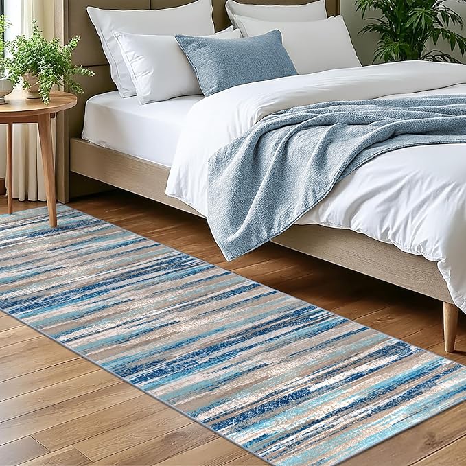 Lansny Modern Abstract Bedroom Runner Rug 2x7, Non-Slip Soft Thin Faux Wool Mat by lansny