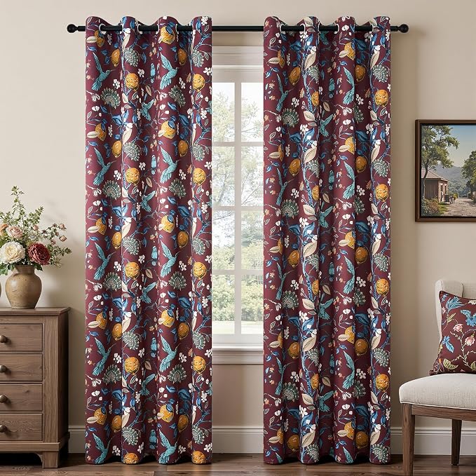 Rust Vintage Floral Curtains 84 Inch Long Luxury Whimsical Euro Flower Lemon - Image 3