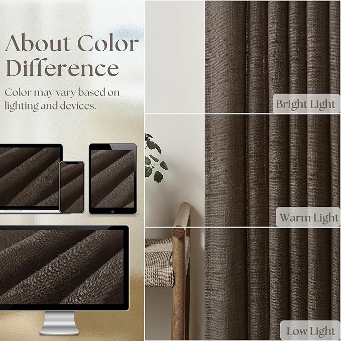 Dark Chocolate 102 Inch Pinch Pleated Semi Sheer Linen Curtains 2 Panels | - Image 4
