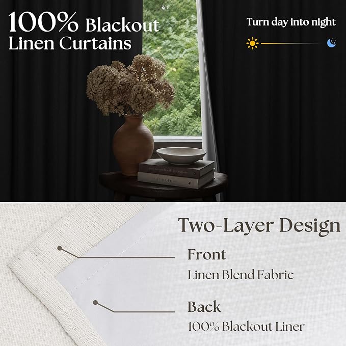 Pinch Pleated Blackout 102 Inch Bedroom Curtains Ivory Linen Dual Layer | - Image 3