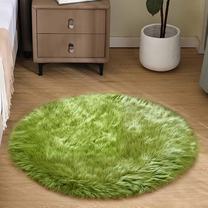 Goolela Lime Green Round Fluffy Rug by Goolela