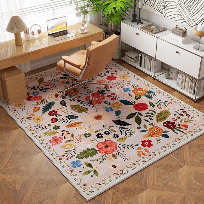 Rugcomf Area Rug 4x6 Rug Washable Boho Rugs Non Slip Low Pile Floral Small - Image 3
