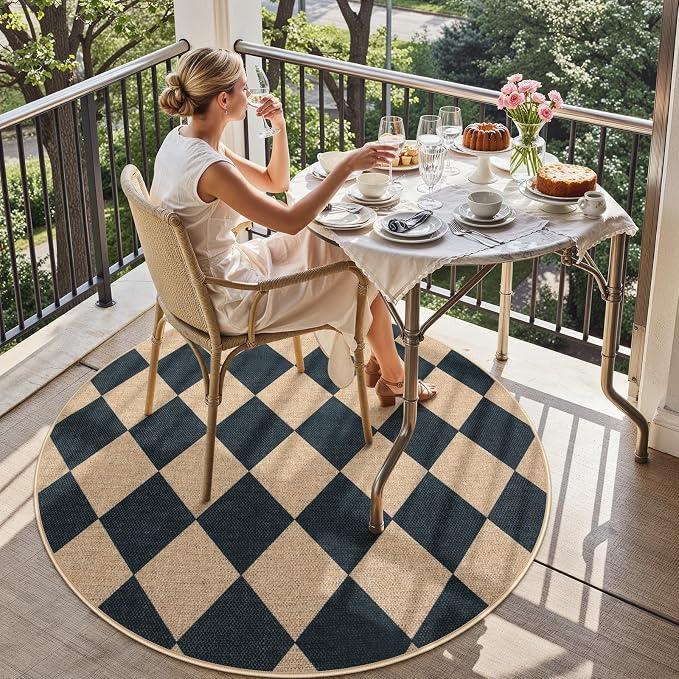 Lahome Colette Checkered Round Entryway Rug 4ft, Circle Indoor Outdoor Patio - Image 6