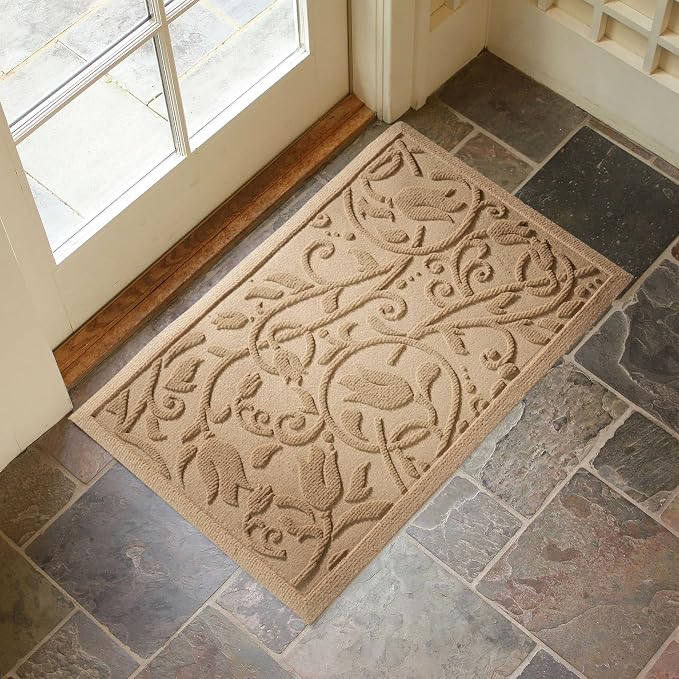 Boho Beige Floral Leaves Outdoor Indoor Entrance Doormats, Absorbent Durable - Image 3