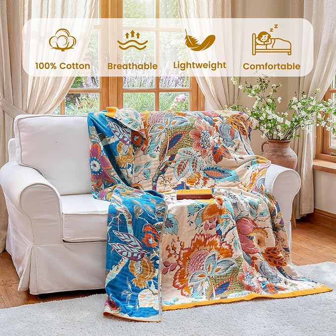 MSGKV Boho Throw Blanket 90"x90" Floral Cotton Blanket - Image 2