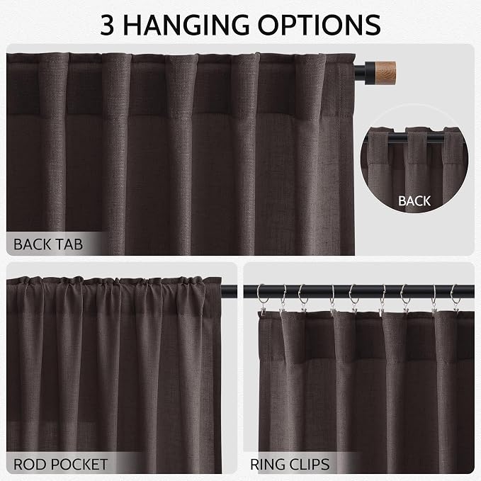 Extra Long Curtain Cocoa Coffee Morden Linen Blend Light Filtering Back Tab - Image 3