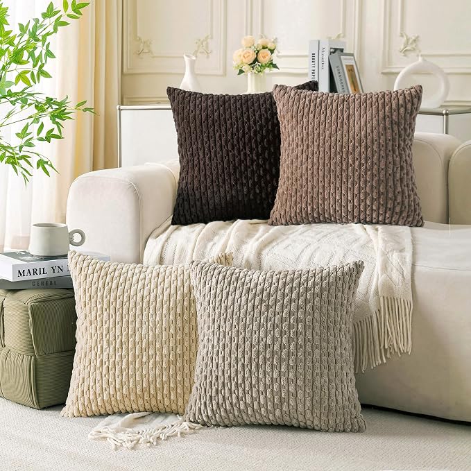 Set of 4 Beige Brown Coffee Decorative Throw Pillow Covers 22x22 Inch Corduroy by Cozoomy