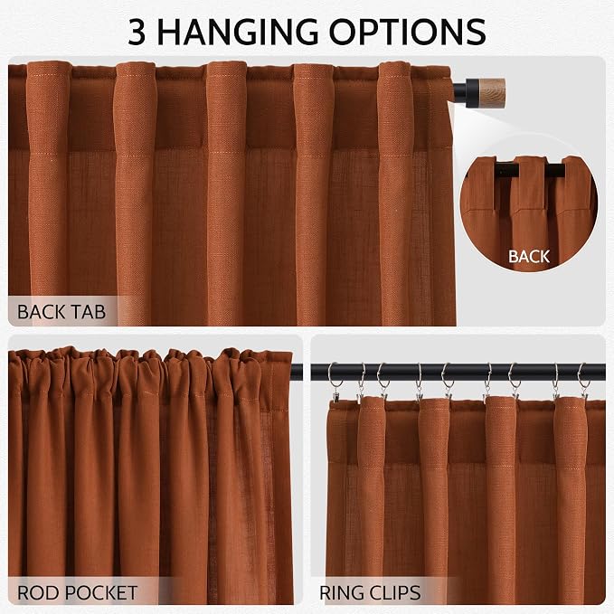Rust Linen Curtains for Living Room 120 Inches Long Light Filtering Semi Sheer - Image 2