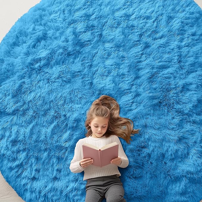 OLANLY Bright Blue Round Rugs for Bedroom by OLANLY