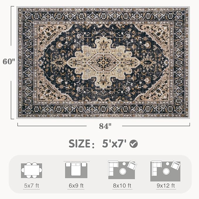 Area Rugs 5x7 Vintage Rug: Washable Living Room Rug Retro Medallion Distressed - Image 2