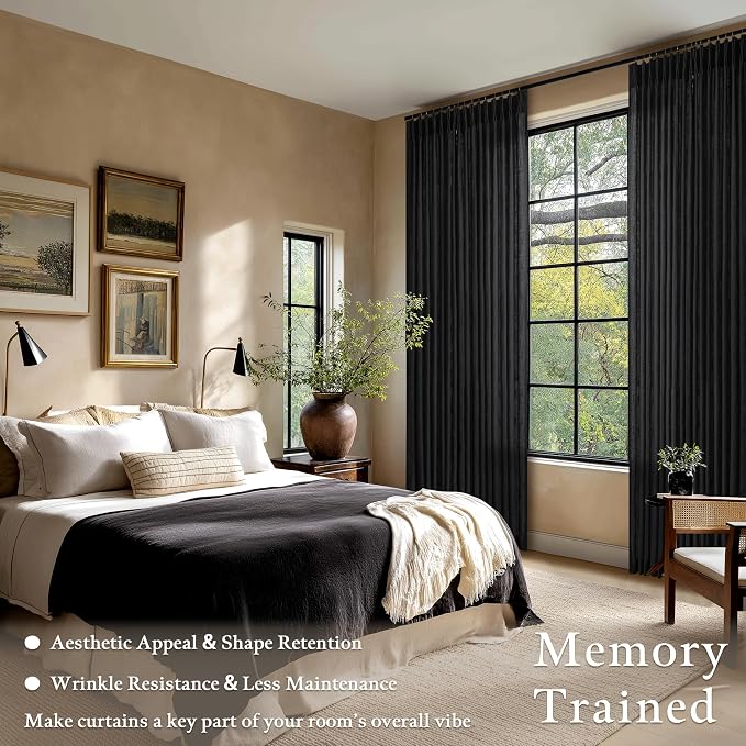 120 Inch Long Black Pinch Pleat Linen Light Filtering Curtains 50 Inch Wide | - Image 2