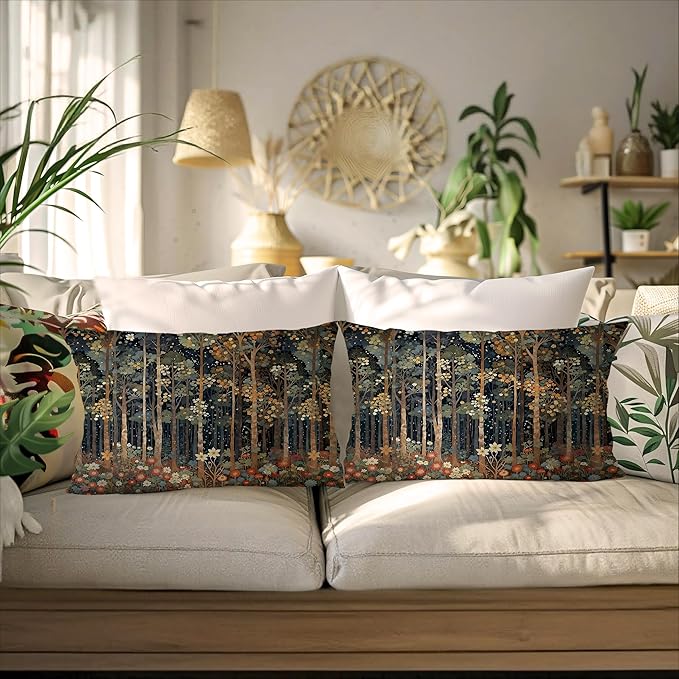 Rustic William Morris Inspired Autumn Forest Pillow Covers 12x20 Set of 2 - Image 4