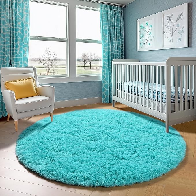 ONASAR Teal Blue Round Area Rug 4ft, Soft Fluffy Bedroom Bedside Floor Circle - Image 8