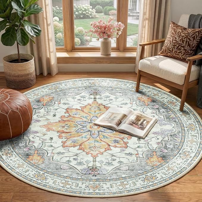 Area Rugs 4ft Washable Non-Slip, Floral Vintage Distress Print Pattern - Image 2