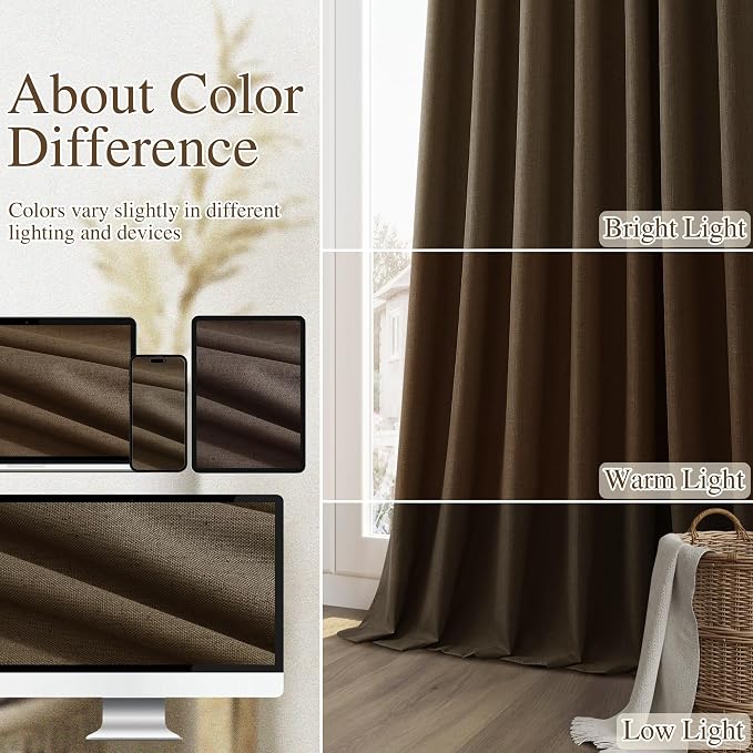 Guken Chocolate 100% Blackout Linen Curtains 102 Inch Length 2 Panels Set - Image 7