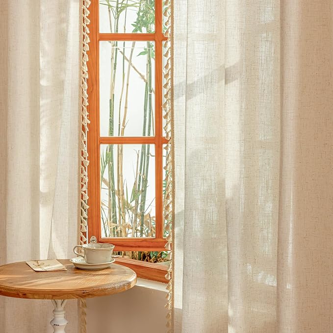 MYSKY HOME Bohemian Linen Sheer Macrame Curtains 72 Inch Length, Back Tab - Image 7