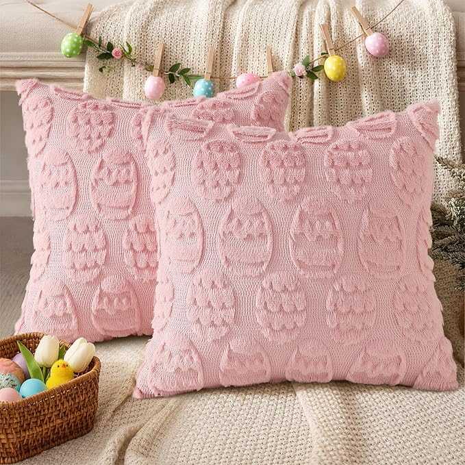 decorUhome Easter Pink Egg Pillow Covers 18x18 Inch Set of 2, Soft Plush Faux - Image 4