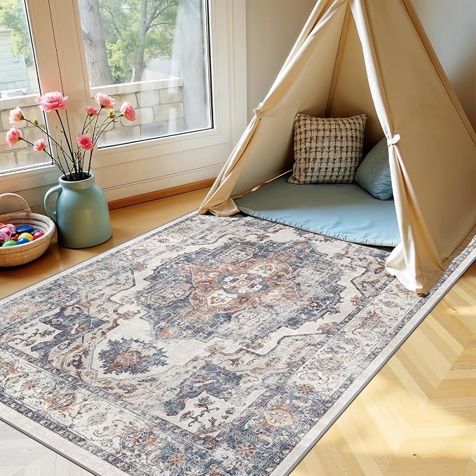 4x6 Living Room Area Rugs: Washable Boho Bedside Rugs Non-Slip Low Pile Small - Image 5