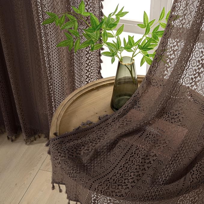 WAZZIO Boho Lace Curtains 84 Inches 2 Panel, Light Filtering Privacy Tassel & - Image 5