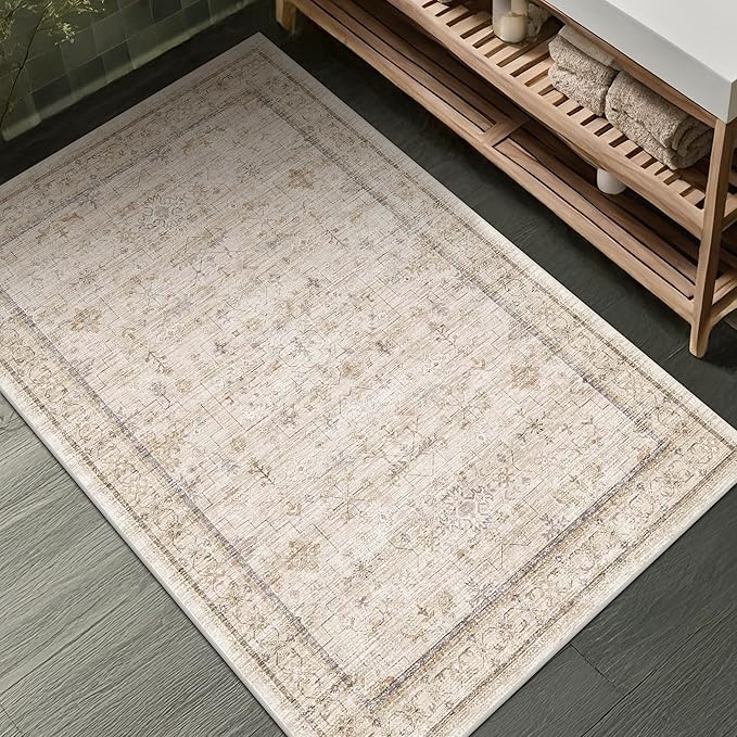 Farmhouse Bathroom Rug 2x3 Beige, Machine Washable Small Non Slip Indoor by HazoHaus