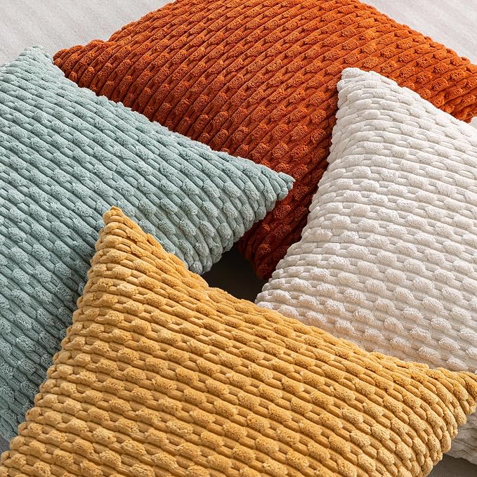 Set of 4 Yellow Rust Aqua Decorative Throw Pillow Covers 22x22 Inch Corduroy - Image 4