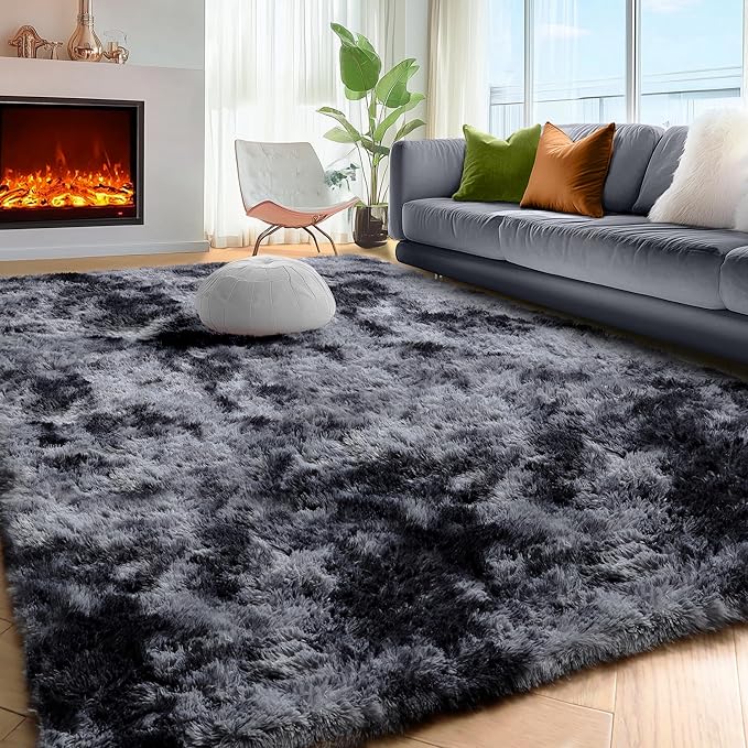 Abstract Area Rugs for Living Room 4x6, Plush Furry Tie-Dyed Dark Grey Rugs | - Image 7