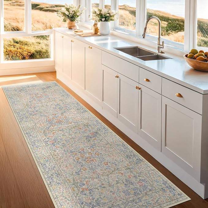 Vintage Beige Blue 2'6" x 8' Runner Rug - Image 3