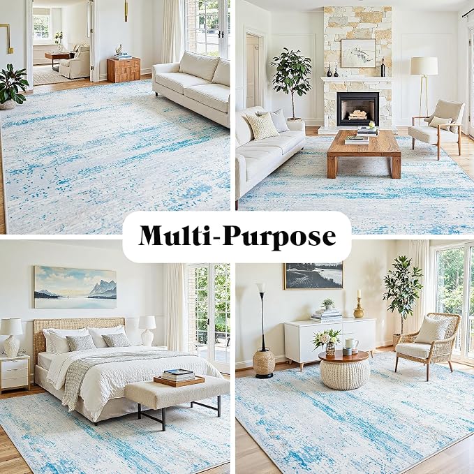 10x12 Washable Area Rug for Living Room Bedroom: Non-Slip Modern Light Blue | - Image 3