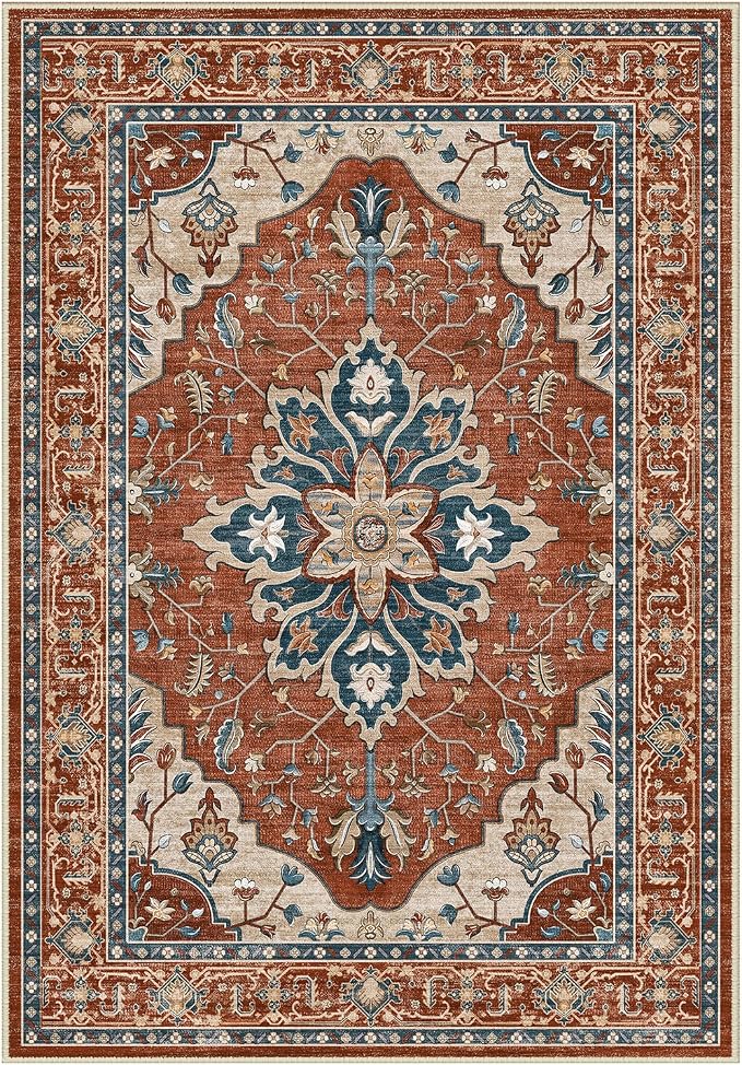 Area Rugs Round 8ft Washable Non-Slip, Floral Vintage Distress Print Pattern by RELEANY