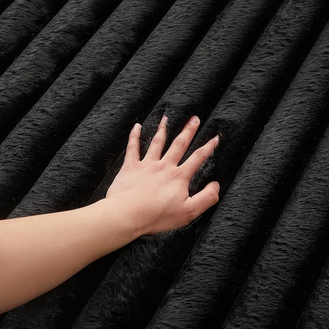 Black Rabbit Striped Plush Rug 2'x6', Fluffy Faux Fur Shaggy Area Rug - Image 3