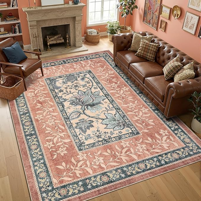 GarveeHome Terracotta Teal Area Rugs 9x12 Living Room, Botanical Grove Cottage by GarveeHome