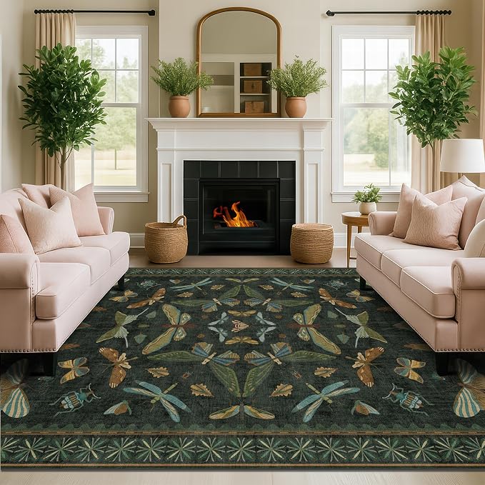 6x8 Dark Green Washable Dining Room Rug - Image 3