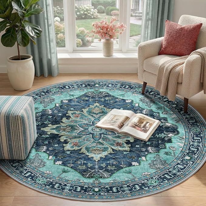 Area Rugs 4ft Washable Non-Slip, Floral Vintage Distress Print Pattern - Image 2
