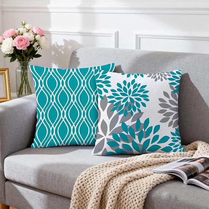 Hexagram Geometric Teal Pillow Covers 18x18 Set of 4, Decorative Outdoor Boho - Image 3