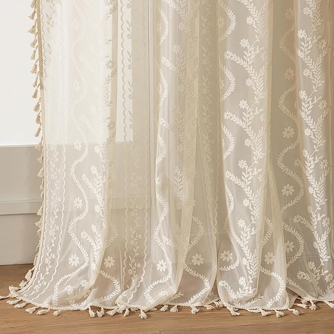 WAZZIO Boho Lace Curtains 2 Panels 72 Inches -Cute Vintage Victorian Sheer by WAZZIO