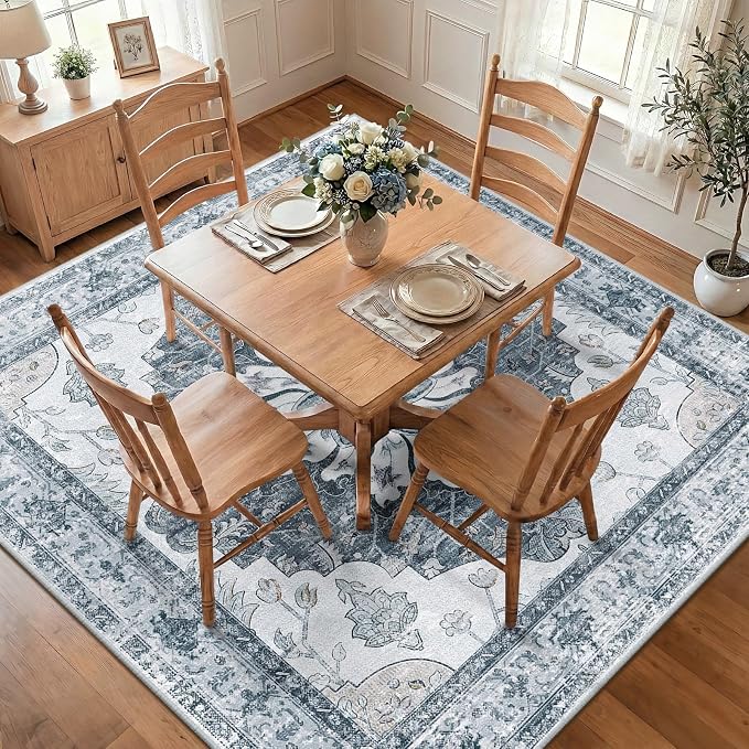 Area Rugs Square 8ft Washable Non-Slip, Floral Vintage Distress Print Pattern - Image 2