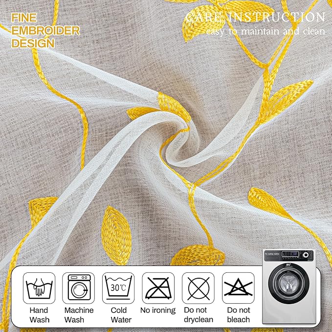 AmHoo 2 Panels Embroidered Leaf Pattern Semi Sheer Curtains Foliage Floral - Image 4