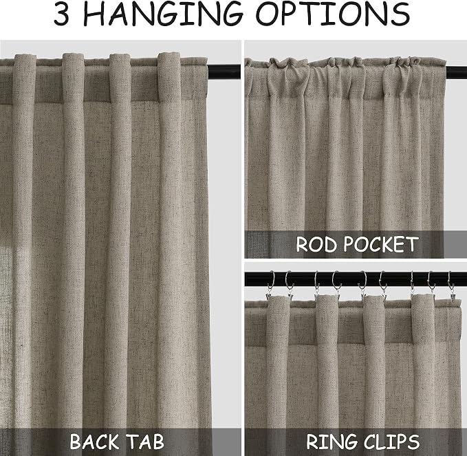 Extra Long Curtain 108 Inches Long 2 Panels Set Back Tab Mocha Linen Drapes - Image 2