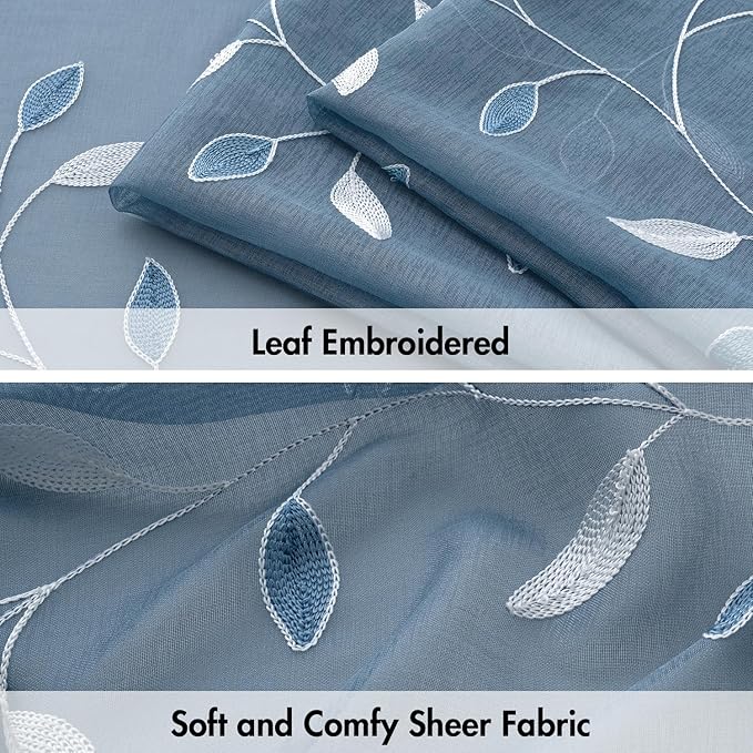 MIULEE Stone Blue Sheer Curtains 2 Panels Embroidered Leaf Patterned Rod Pocket - Image 4