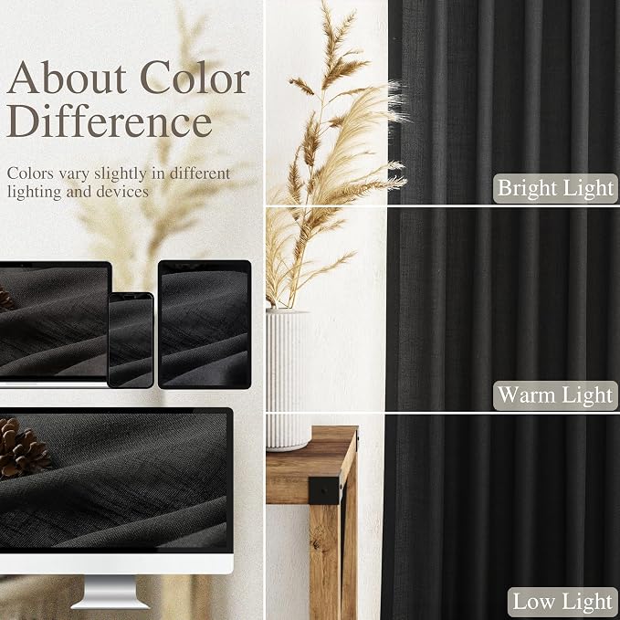 Black Linen Blend Drapes 84 Inch Length 2 Panels Set Back Tab Rod Pocket Light - Image 4