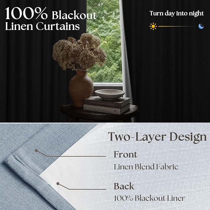 Light Blue Linen Blackout Linen Pleated Dual Layer Curtains 90 Inches Long | - Image 9
