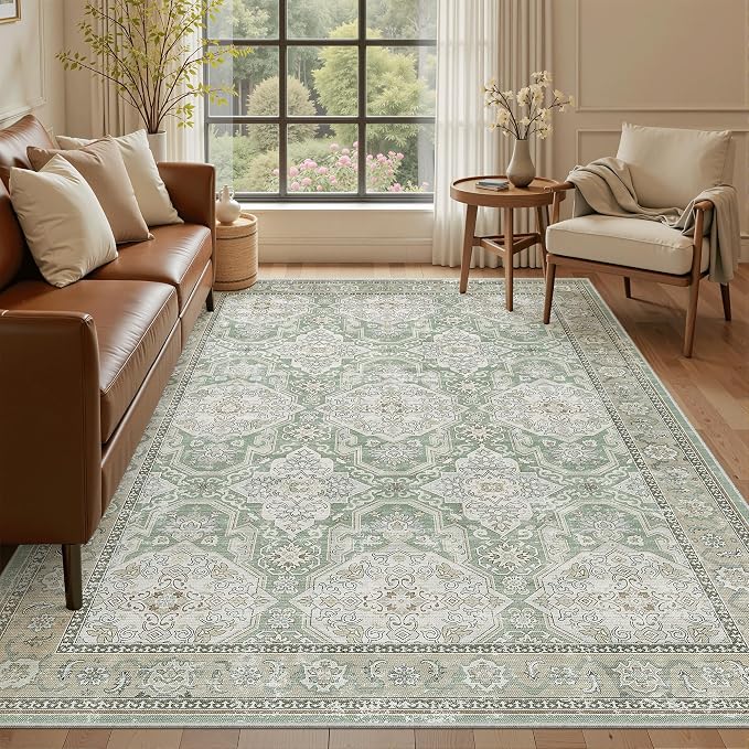 Soalmost 5x7 Area Rugs Green/Brown Low Pile Indoor Washable Trendy Faded Style by Soalmost