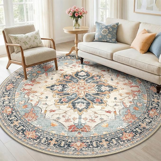 Area Rugs 6ft Washable Non-Slip, Floral Vintage Distress Print Pattern by RELEANY