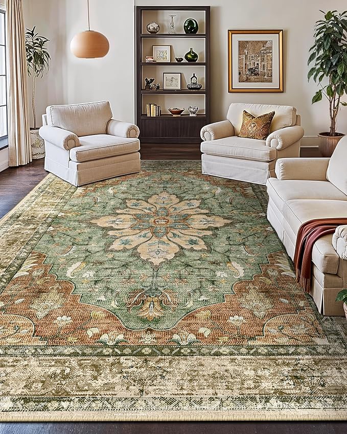Area Rugs 10'x14' Washable Non-Slip, Floral Vintage Distress Print Pattern - Image 2