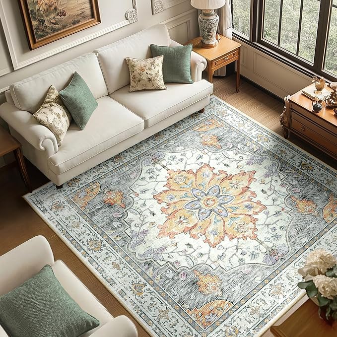 Area Rugs Square 6ft Washable Non-Slip, Floral Vintage Distress Print Pattern by RELEANY
