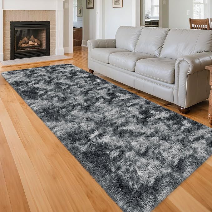 Tie-Dyed Dark Grey 3x10 Machine Washable Runner Rugs - Image 2